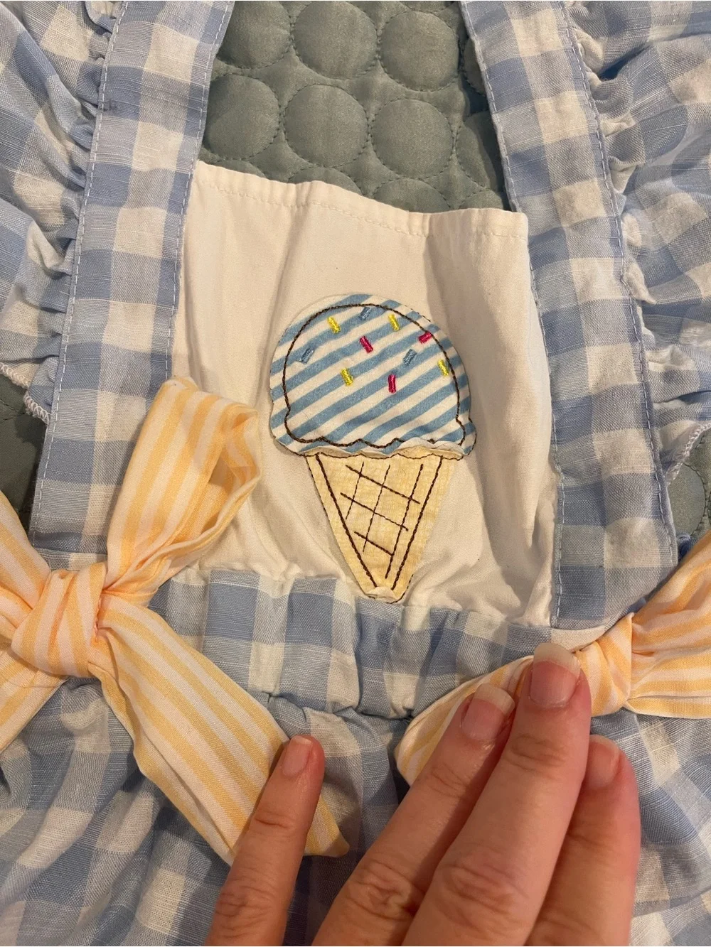 Marie Nicole Gingham Girls' Romper Blue Yellow Cotton Ice Cream Appliqué 2XS